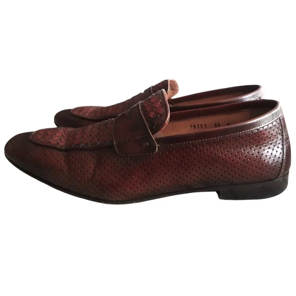 Magnanni Brown Woven Braided Leather Penny Loafers Men 9.5 Spain Perforated Work